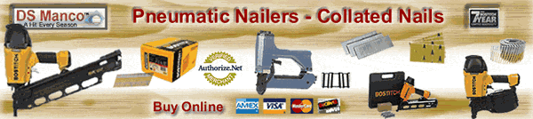 Buy air nailers - coil or stick nailers. Mitre, finish, brad and pin nailers are online. Stainless steel nails - aluminum nails - galvanized nails are here. Buy coil nails, stick framing nails, metal connector nails, finish, brad and pin nails. Buy staplers - wide crown box carton staplers and narrow crown staplers are online. Fine wire or heavy gauge staples are here. Buy hog ring pliers - hog ring tools for collated hog rings. Compressors, combo kits and parts kits are at DS Manco.